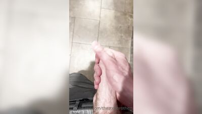 TheStepBrothers - Big bro shows his cock in the mirror in public bathroom - 48 secs - free gay porn
