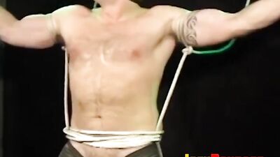 restricted jock enjoys bondage with his balls tied up too