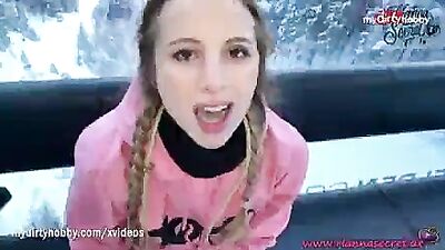 Daring amateur risky public swallow on the teleferic