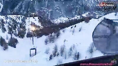 Daring amateur risky public swallow on the teleferic