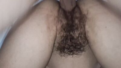 Huge cumshot on wifes hairy pussy after good fuck