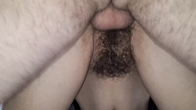 Huge cumshot on wifes hairy pussy after good fuck