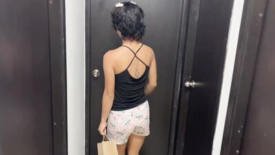 My little stepsister models her new panties for me she shows them off very sexy until she fucks me