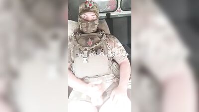 Russian soldier jerking his big cock