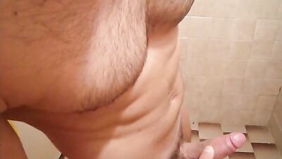 Hairy Chest Hunk Jerks Off And Cums In Bathroom