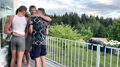 College Twink takes 3 Hard Cocks in Outdoor Orgy - free gay porn