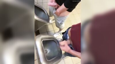 two friends jack off and cum at the bathroom urinals - free gay porn