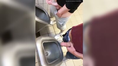 two friends jack off and cum at the bathroom urinals - free gay porn