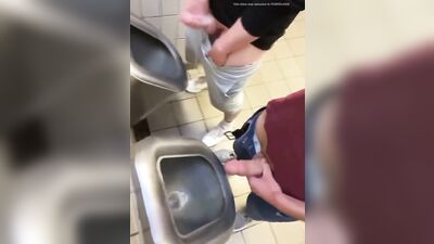two friends jack off and cum at the bathroom urinals - free gay porn