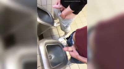 two friends jack off and cum at the bathroom urinals - free gay porn
