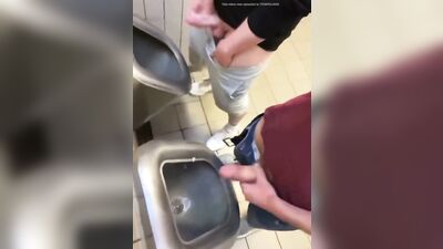 two friends jack off and cum at the bathroom urinals - free gay porn