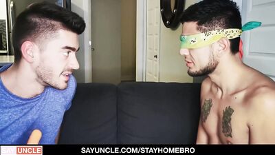 Blindfolded Roommate Gets Cock to Distract him 