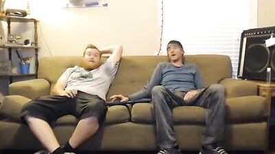 jerk buds trying not to stare at each others dicks - free gay porn