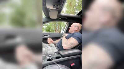 bull daddy skinhead jacks off in car - free gay porn