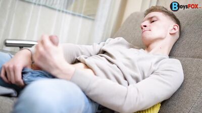 emptying his big twink cock after work