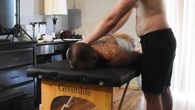 Ginger cub fucked on massage table by tattooed hunk - gay porn video