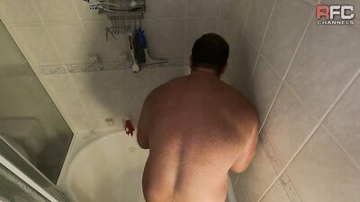 Hairy Muscle Bear Showers and Plays With Toy When Flatmate Catches Him